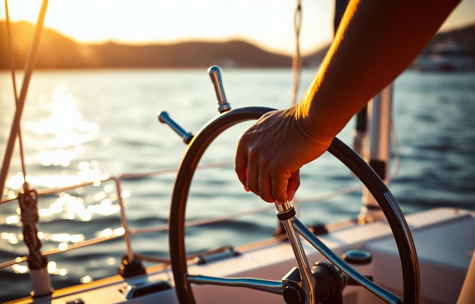 Barre d'un catamaran au coucher du soleil en Méditerranée
